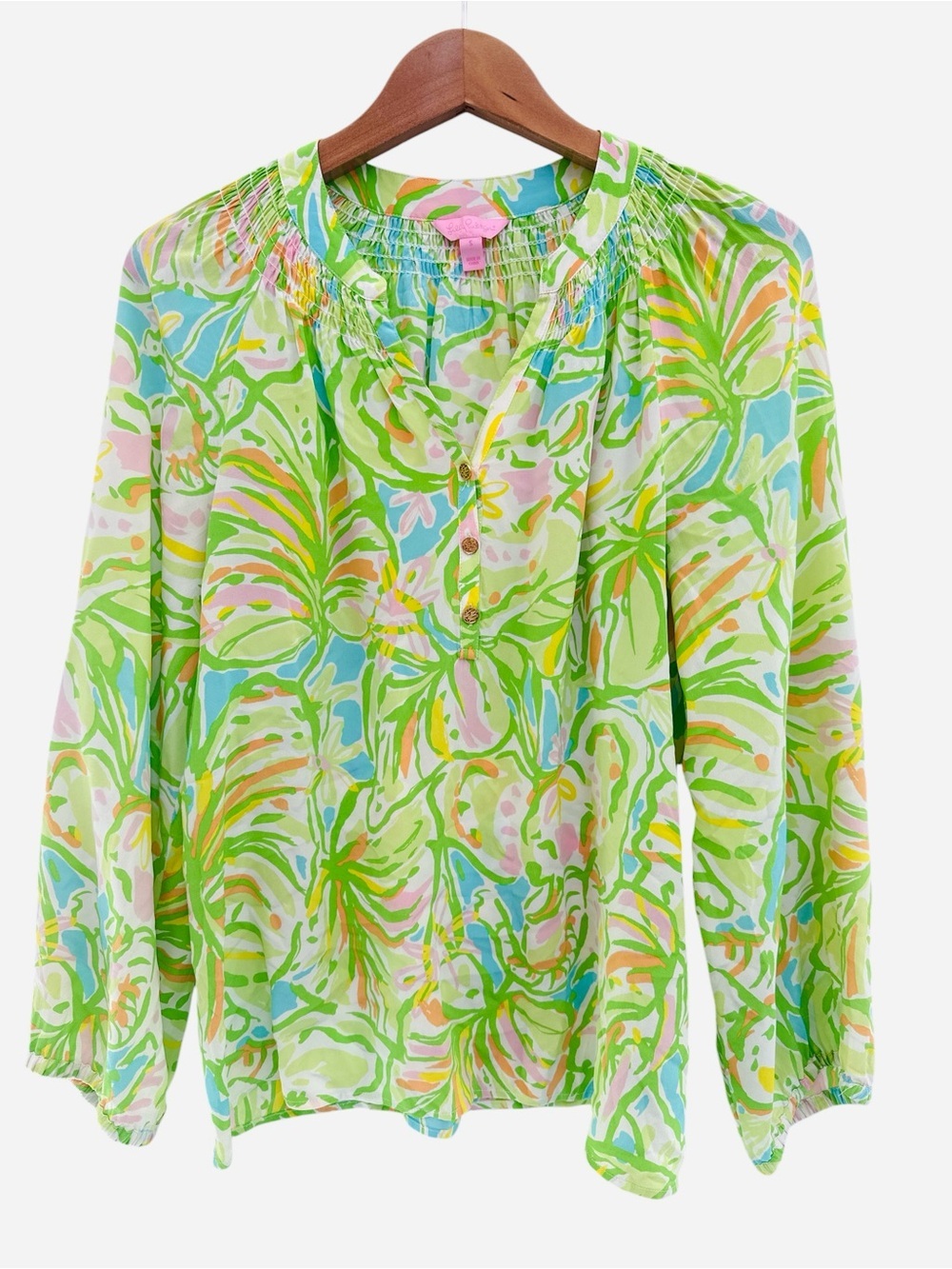 LILLY PULITZER Elsa 100% Silk Top Elephant Ears Green Long Sleeve